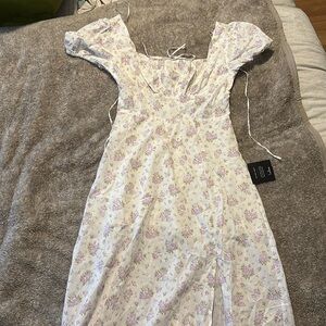 Darling Appeal White Floral Puff Sleeve Empire Waist Midi Dress
